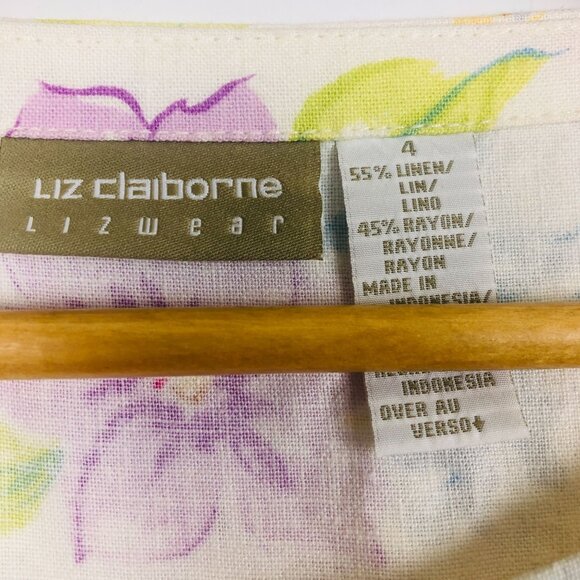 Vtg Liz Claiborne Women's Midi Dress Sz 4 Floral Linen Blend Button Front Cottag - Picture 8 of 8